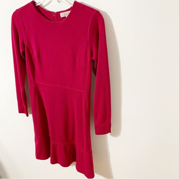 Ann Taylor LOFT Round Neck Jersey Knit Long Sleeve Dress  Ruffled Hem Raspberry - Picture 2 of 10